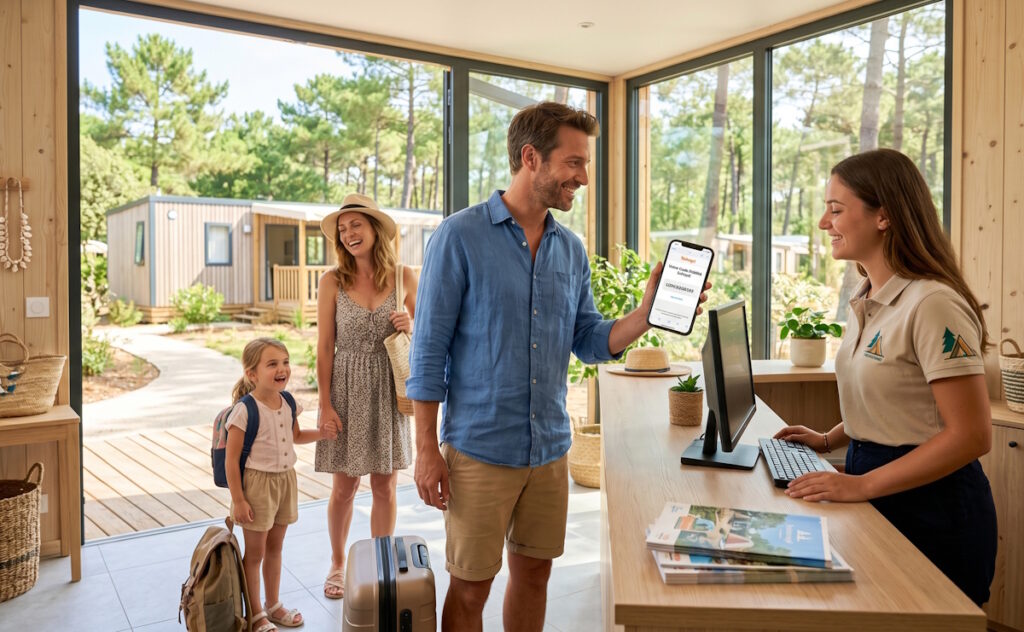 Famille utilisant son smartphone pour appliquer son code fidélité à la réception d'un camping Tohapi
