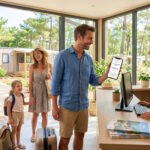 Famille utilisant son smartphone pour appliquer son code fidélité à la réception d'un camping Tohapi