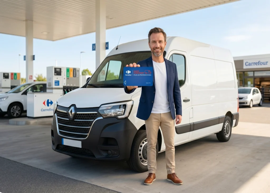Professionnel gérant sa flotte de véhicules et ses dépenses avec la Carte Carburant Pro Carrefour