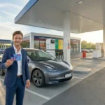 Gestionnaire de flotte utilisant sa tablette et sa carte carburant et recharge électrique Ticket Fleet Pro pour optimiser les déplacements professionnels de son entreprise.