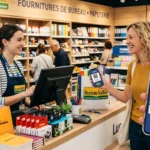 Un client sourit en présentant sa carte de fidélité digitale sur smartphone à la caisse d'un magasin Bureau Vallée.