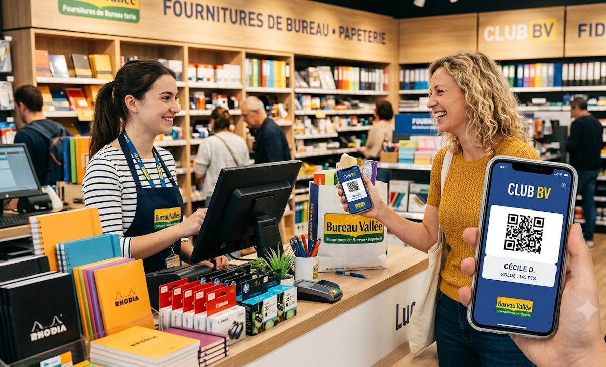 Un client sourit en présentant sa carte de fidélité digitale sur smartphone à la caisse d'un magasin Bureau Vallée.