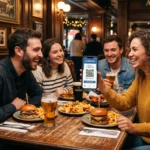 Groupe d'amis utilisant l'application de fidélité La Bonne App dans un pub Au Bureau.