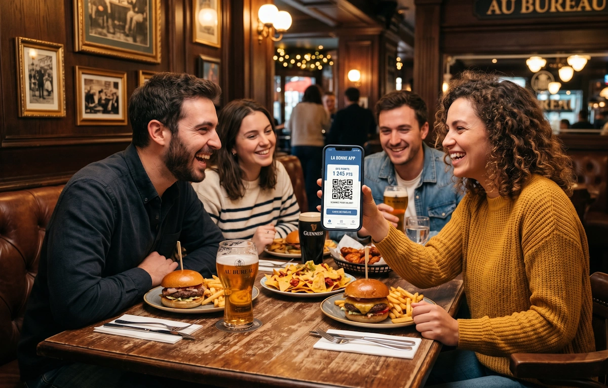 Groupe d'amis utilisant l'application de fidélité La Bonne App dans un pub Au Bureau.