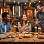 Client souriant utilisant sa carte de fidélité via son smartphone dans un restaurant 3 Brasseurs chaleureux.