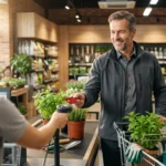 Client souriant présentant sa carte de fidélité à la caisse d'un magasin de jardinage et bricolage.
