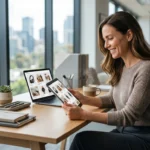 Professionnel souriant dans un bureau moderne consultant les avantages de son programme de fidélité sur une tablette tactile.