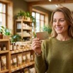 Client souriant utilisant la carte de fidélité Club dans une boutique Nature et Découvertes.