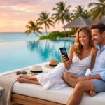 Couple élégant profitant de ses avantages de fidélité dans un resort luxueux au soleil.