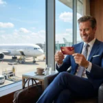 Passager élégant présentant sa carte de fidélité dans un salon d'aéroport luxueux.