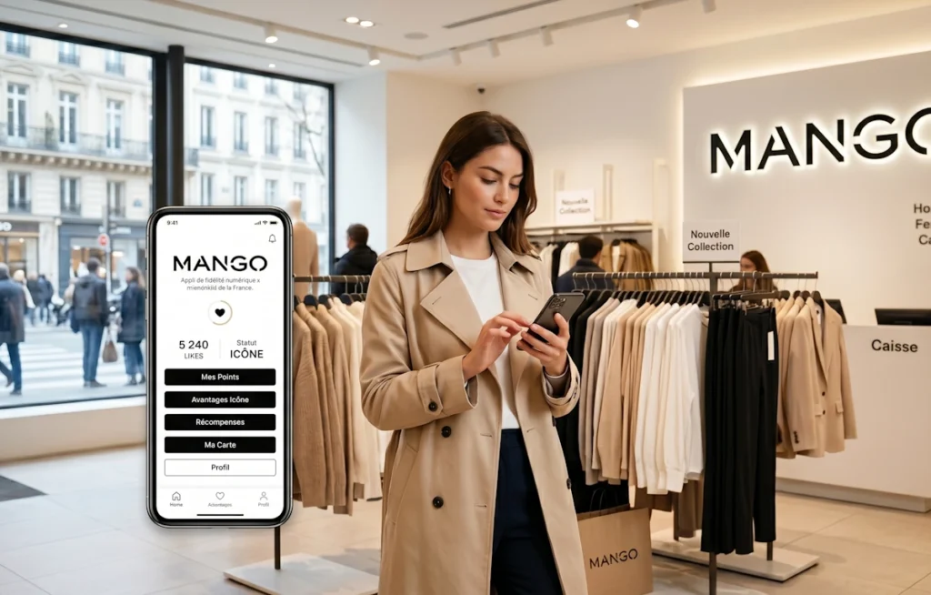Cliente consultant son compte fidélité Mango Style Club sur son smartphone en boutique pour profiter de ses chèques cadeaux.