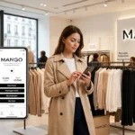 Cliente consultant son compte fidélité Mango Style Club sur son smartphone en boutique pour profiter de ses chèques cadeaux.