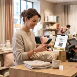 Une cliente élégante présente sa carte de fidélité dématérialisée sur son smartphone à la caisse d'un magasin de décoration Bouchara.