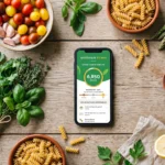 Smartphone affichant l'application de fidélité Quitoque et Moi, posé sur une table en bois entouré de légumes frais et d'ingrédients de cuisine.