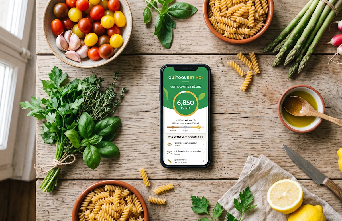 Smartphone affichant l'application de fidélité Quitoque et Moi, posé sur une table en bois entouré de légumes frais et d'ingrédients de cuisine.