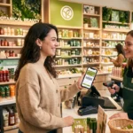 Une cliente présente sa carte de fidélité dématérialisée Yves Rocher + sur son smartphone à une conseillère en magasin.