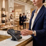 Une cliente élégante présente sa carte de fidélité "La Carte" à une caisse du Bon Marché.