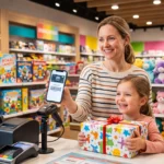 Un parent utilise sa carte de fidélité dématérialisée La Grande Récré sur smartphone à la caisse du magasin de jouets.