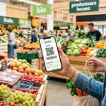 Client utilisant la carte de fidélité dématérialisée fresh. sur smartphone devant un rayon de fruits et légumes.