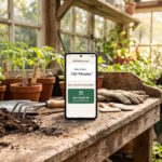 Application de fidélité Qui Fait Pousser affichant un solde de pétales et un bon d'achat sur une table de jardinage.