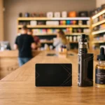 Carte de fidélité Cigusto posée à côté d'une cigarette électronique et d'un e-liquide en magasin
