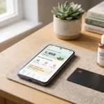 Smartphone affichant une application de pharmacie et des Health Points à côté de produits de santé
