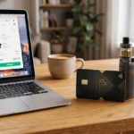 Carte de fidélité et cigarette électronique sur un bureau pour le programme Le Petit Vapoteur