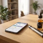 Smartphone affichant un programme de fidélité à côté d'une cigarette électronique et d'un e-liquide