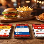 Trois smartphones affichant des applications de fidélité fast-food posés à côté d'un burger et de frites.