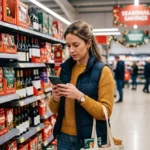 Une personne vérifiant la date d'expiration de sa cagnotte de fidélité sur son smartphone dans un supermarché.