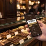 Une personne présentant l'application de fidélité Le Carré des Passionnés sur son smartphone dans une luxueuse boutique La Maison du Chocolat.