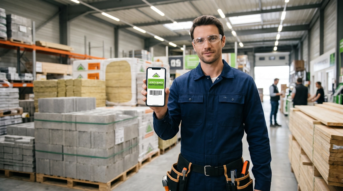 Un artisan du bâtiment présentant sa carte de fidélité digitale Leroy&Moi Pro sur son smartphone dans une cour des matériaux.