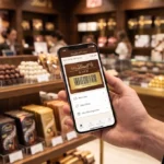 Une personne présentant sa carte de fidélité virtuelle MyLindt & Moi sur smartphone dans une boutique de chocolats.