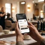 Une cliente consultant son application de fidélité Franck Provost sur smartphone dans un salon de coiffure.