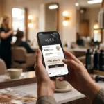 Une cliente consultant son application de fidélité Saint Algue sur smartphone dans un salon de coiffure éco-responsable.